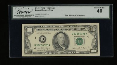 DBR 1990 $100 FRN Cleveland Fr. 2173-D Legacy XF-40 Serial D32286375A - Image 1 of 2