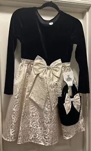 New Elegant Girls Long Sleeve Velvet Bodice with Brocade Skirt Dress Sizes 14 - Picture 1 of 3