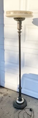 Vintage Art Deco Torchiere Floor Lamp Gothic Glass Shade Brass Antique 1940s 50s - Image 1 of 4