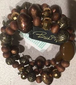 Birch Hill New Brown Beads Wood  Gold 3 Coil Cuff Wrap Bracelet Made in USA Tags - Picture 1 of 10