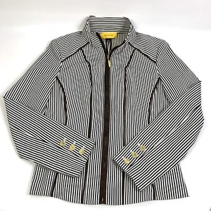 St. John Brown White Striped Full Zip Front Jacket Signature Button Size 4 - Picture 1 of 14