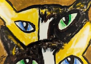 Aceo Malarstwo Czarny kot Kolekcjonerska twarz Podpisana sztuka ludowa Samanthy McLean