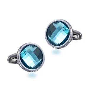 Blue Stainless Steel Shiny Crystal Cufflinks Formal Business Wedding for Shirt - Bild 1 von 4