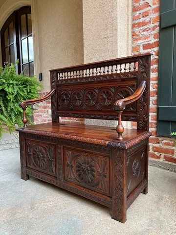 Petite Antique French Carved Oak Hall Bench Breton Brittany Pew Chest Trunk Cover