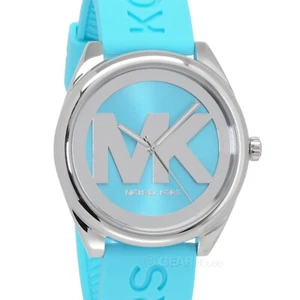 Michael Kors Womens Janelle Watch, Silver MK Logo Dial, Aqua Blue Silicone Band - Picture 1 of 8