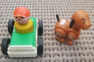 3 Vintage Fisher Price Little People Car Plastic Green White w/ Boy & Brown Dog - Picture 1 of 10