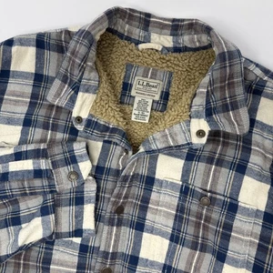 LL Bean Men's XL Sherpa Lined Flannel Scotch Plaid Jacket Shacket Blue Beige - Picture 1 of 9