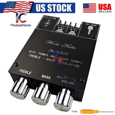 US ZK-1002T 2 Channel 100W*2 Bluetooth 5.0 Stereo Amplifier Board Treble Bass  - Image 1 of 4