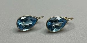 Bellissimi orecchini a goccia in oro giallo massiccio 14 carati e topazio blu .585 3,9 g - Foto 1 di 5