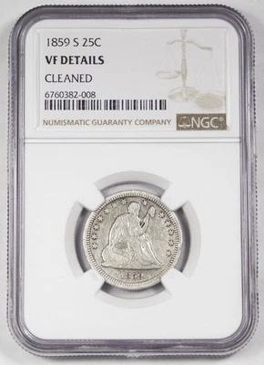 1859 S Liberty Seated Quarter Dollar 25 Cent Silver Coin NGC VF KEY Date - Image 1 of 4