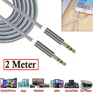 2 Meter STEREO Aux Braided Jack to Jack Audio Auxiliary Lead PC Car Mobile