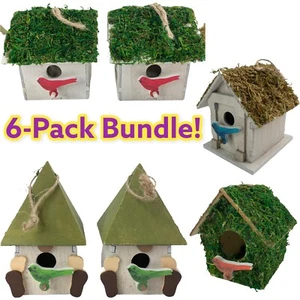 6er-Pack Mini Vogelhaus Frühling Wohndeko Holz bemalt mit Moos 3,5" - 4,6" NEU - Bild 1 von 11