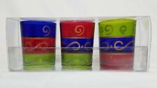 New 3 Piece Glass Votive Candle Set Red Blue Green with Copper Swirl Print 