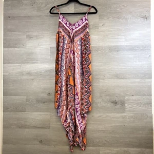 Maxi abito donna Tolani rosso viola multi stampa seta scollo a V senza maniche boho M - Foto 1 di 10