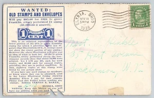 Vintage Tintenlöscher Postkarte Vernon E Baker Briefmarken gesuchte Werbung Elyria OH - Bild 1 von 2