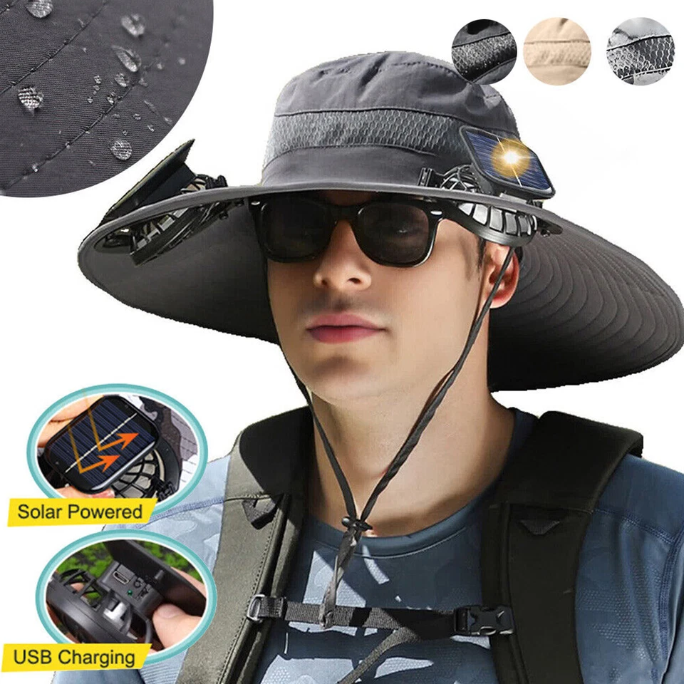 Ventilador Solar Sombrero Hombres Ala Ancha Pesca Exterior Cubo Recargable Sombrero para el Sol con Ventilador Foto 1 de 4