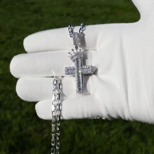 Iced out Krone Kreuz Anhänger Halskette, 925 Sterling Silber Kreuz Halskette - Bild 1 von 6
