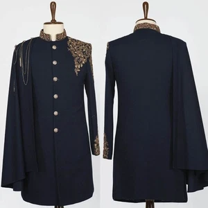 Men Navy Blue Coat Single Breasted Jacket Golden Applique with Cape Cashmere - Picture 1 of 11