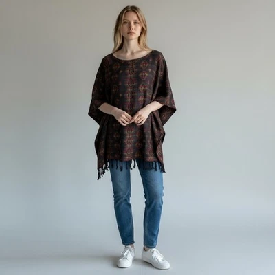 Poncho Ryan Michael Mujer S/M Estampado Azteca Borla Flecos Algodón Tejido Top Foto 1 de 4