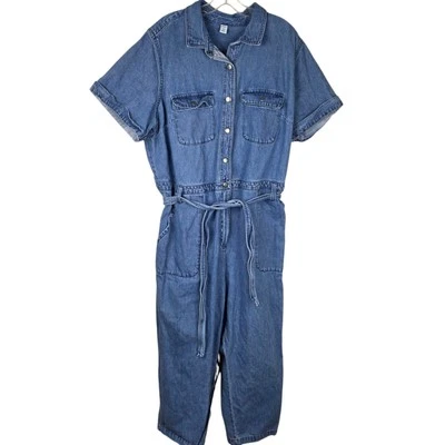 Mono vaquero utilitario retro azul marino antiguo para mujer 2X manga corta con botones minimalista Foto 1 de 4