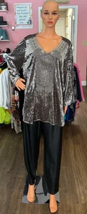 Andree By Unit Bluse Silber Metallic Samt bestickt Größe: 2X - Bild 1 von 3