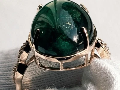 Natürlicher Smaragd Cabochon Goldring Mit 20 Natürlichen Diamanten IGI Zertifkat - Bild 1 von 4