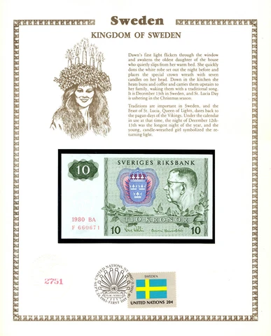 Sweden 10 Kronor 1980 P-52e UNC w/FDI UN FLAG STAMP Serie BA F660671 Cover
