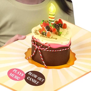 Birthday Card with LED Light Blowable Candle, Large 3D Pop up Birthday Cake Card - Picture 1 of 8