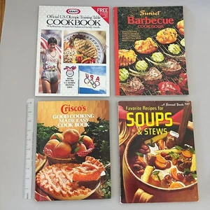 Vintage 4 Cookbooks - Sunset BBQ, Kraft Olympic, Sunset Soup & Stew, Crisco - Picture 1 of 9