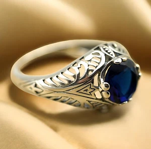 VINTAGE STYLE ROYAL BLUE SIMULATED SAPPHIRE 925 SOLID STERLING SILVER RING 1776 - Picture 1 of 4