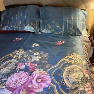 NEW 3 Pcs PolyesterFull/Queen Size Teal Floral Multicolored Bedspread Set - Picture 1 of 10