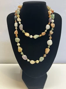 Boho Necklace Beggar Beads Coastal Chic Fashion Natural Semi Precious Stones 34” - Picture 1 of 21