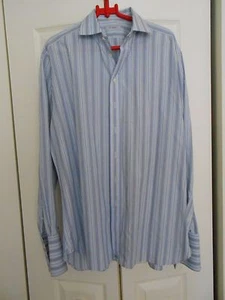 BURBERRY LONDON MADE IN UK BLUE/WHITE STRIPE 17 43 FRENCH CUFFS - Picture 1 of 2