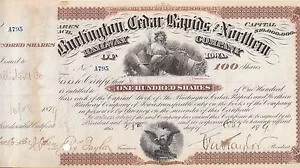 BURLINGTON CEDAR RAPIDS & NORTHERN RAILWAY IOWA 1879 100 ACCIONES CERTIFICADO DE STOCK RR - Imagen 1 de 3