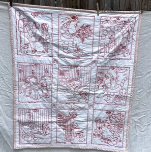 Childs Santa Christmas Throw Wall Hanging Red Work Embroidery Retro 1920s Style - Picture 1 of 10
