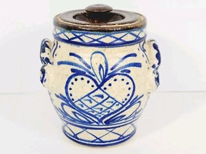 Vtg Jar Canister Cobalt Blue Salt Glazed Stoneware Crock Lid Farmhouse Rustic Sm - Bild 1 von 19