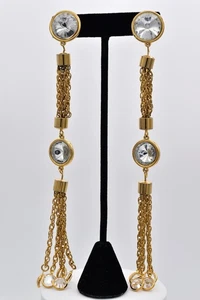 Vintage Extra Long Tassel Clip On Earrings Crystal Bezel Chain Chunky 80s BinAI - Picture 1 of 12
