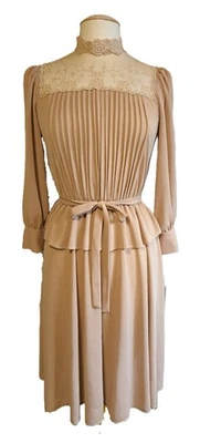Vestido midi vintage Peplum beige tostado mangas transparentes encaje para mujer S/M años 70-80 Foto 1 de 4