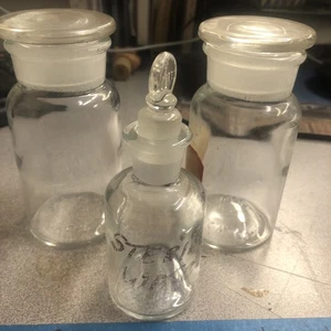 3 antique T.C Wheaton Co. clear glass apothecary bottles w stoppers 4” & 3” tall - Picture 1 of 5