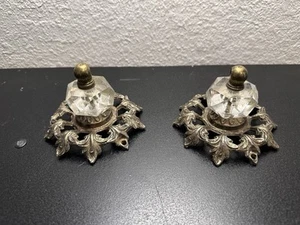VTG Ornate Solid Brass Inkwell Victorian Crystal Well Art Nouveau Ink Log Of 2 - Picture 1 of 11