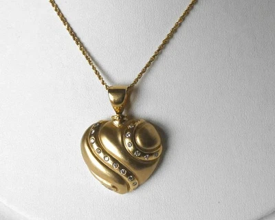 BIG Vintage 14k Gold Burnished Diamond Puffy Heart Pendant Necklace 16gr 20" - Image 1 of 4