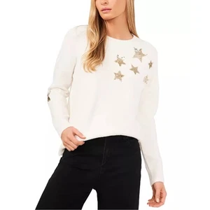 CeCe Cream Sweater Gold Sequin Stars Crew Neck Long Sleeve Casual Top - Picture 1 of 10
