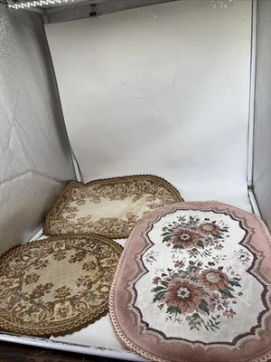 Vintage Belgium Armrose Art Linen Velvet Floral Tapestry Lot Of 3 Pink Tan Brown - Image 1 of 4