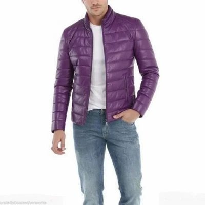 Jaqueta acolchoada feita à mão motociclista motocicleta elegante casual couro de cordeiro masculina - Imagem 1 de 4