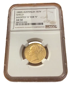 Australia 1880S Gold 1 Sovereign NGC AU50 Shield Victoria Inverted A for V - Picture 1 of 2
