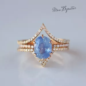Real Ceylon Sapphire & Double Diamond Crown Band Ring 14k Gold Wedding Ring Set - Picture 1 of 7