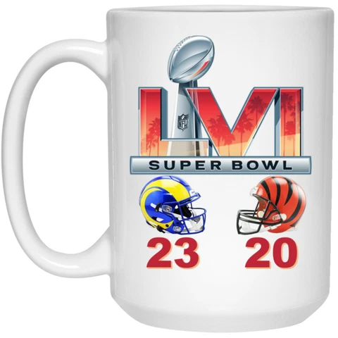 Super Bowl 56 2022 LVI Bengals Rams v1 Final Score White 15oz Coffee Mug Cup Cover