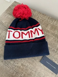 NWT Tommy Hilfiger Unisex Pom Pom Cuffed Soft Knit Beanie hat - Navy&White&Red - Picture 1 of 3