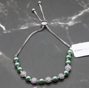 Charter Club Slide Bracelet Faux Teal Pearl Crystal Balls Silver Tone Adjustable - Picture 1 of 6