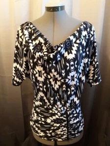 Aztec Southwestern Draped neck Blouse S Black White ruched waist Dolman sleeve - Picture 1 of 9